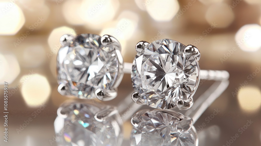 Stunning close-up of sparkling diamond stud earrings reflecting light, showcasing their brilliance and elegant design on a soft, blurred background for a luxurious vibe Stunning close-up of sparkling diamond stud earrings reflecting light, showcasing their brilliance and elegant design on a soft, blurred background for a luxurious vibe