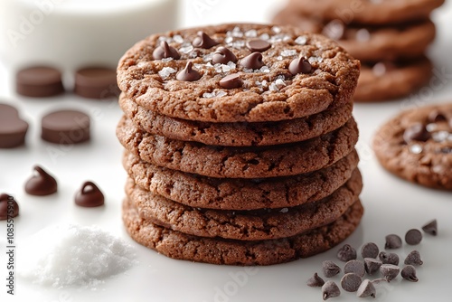 Delicious chocolate chip cookies stacked on a rustic wooden board, showcasing their gooey texture, with a warm, inviting ambiance. Professional food photography composition.
 photo