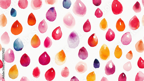 Vibrant watercolor droplets in various colors scattered across a white background