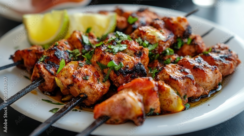 Grilled chicken skewers garnished with fresh herbs and lime on a white plate Grilled chicken skewers garnished with fresh herbs and lime on a white plate
