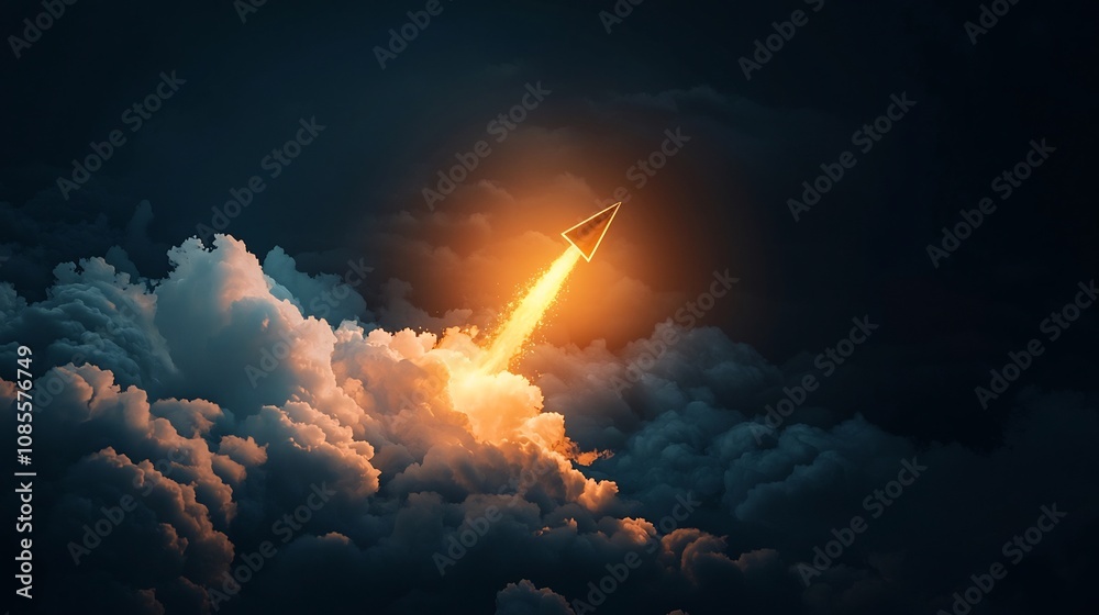 Fototapeta premium Golden Rocket Piercing Dark Clouds Symbolizing Business Breakthrough and Success