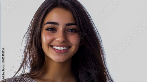 Close-up studio portrait of a smiling young Middle Eastern woman, Arab female, against a white background