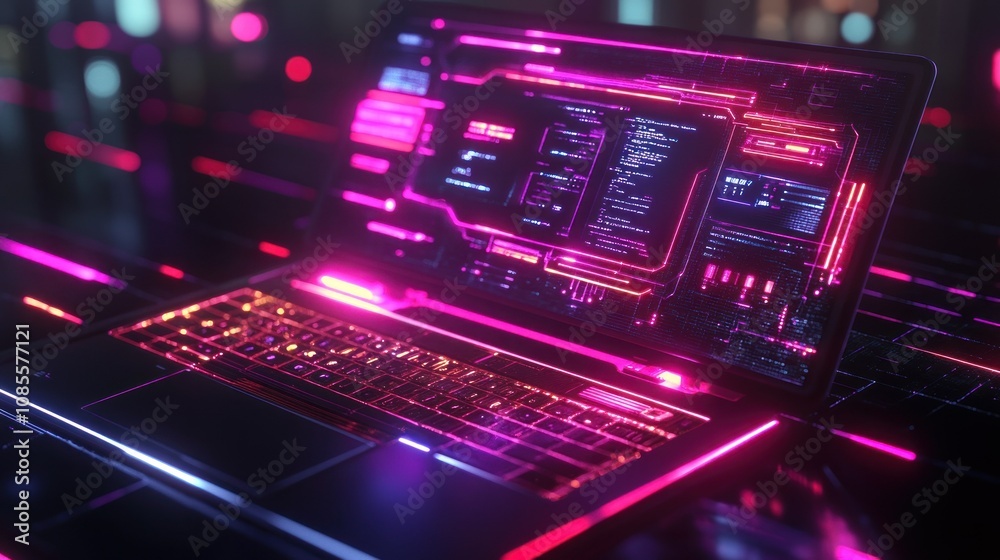 Futuristic laptop with neon interface design. Futuristic laptop with neon interface design.