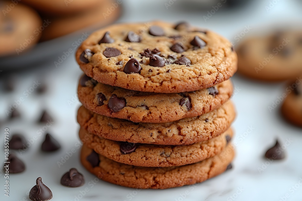 Delicious chocolate chip cookies stacked on a rustic wooden board, showcasing their gooey texture, with a warm, inviting ambiance. Professional food photography composition.
