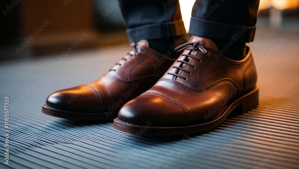 Brown oxford shoes on men's feet, classic formal shoes Brown oxford shoes on men's feet, classic formal shoes