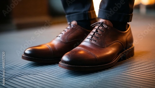 Brown oxford shoes on men's feet, classic formal shoes