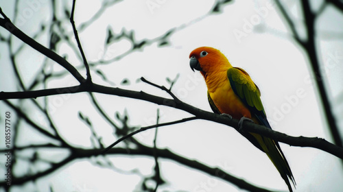 Colorful sun conure perched on a tree branch, set against a clean white background photo