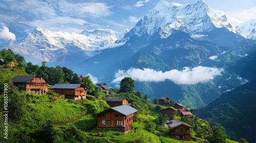 Serene Village Nestled in Majestic Mountain Peaks