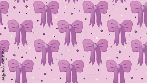 Seamless pattern with bows on pink background, cute background with pink bows, purple and yellow bubbles, love concept, lilac pattern for decoration and packaging design, pink gift wrapping paper