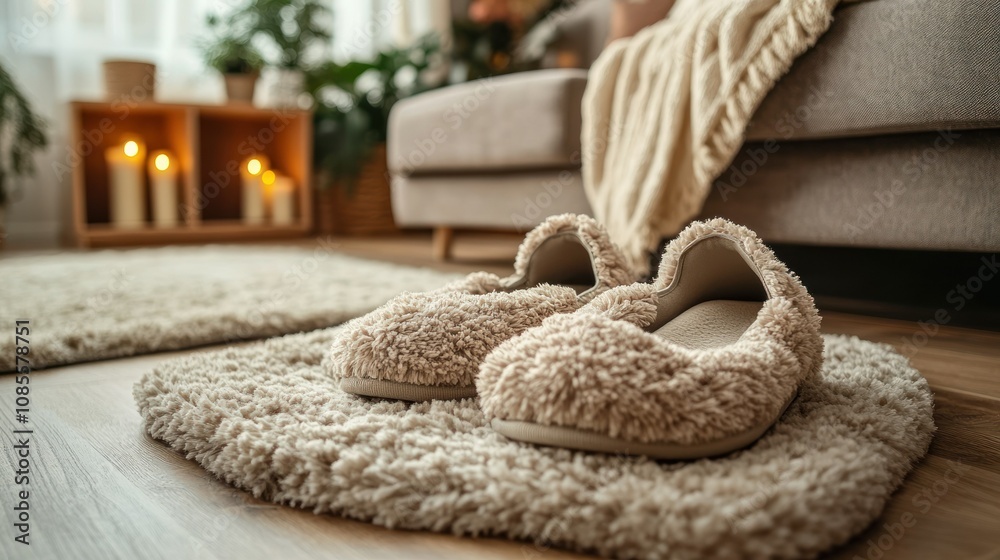 Cozy slippers on a soft rug in a living room.