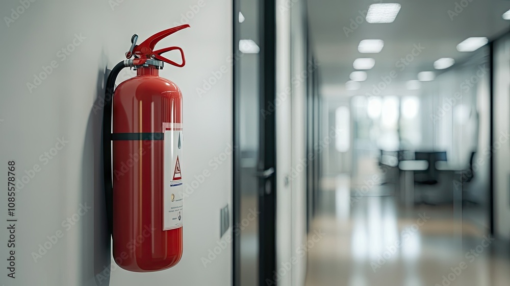 Red fire extinguisher hanging on a clean white wall in a modern office hallway, brightly lit and easily accessible. Red fire extinguisher hanging on a clean white wall in a modern office hallway, brightly lit and easily accessible.