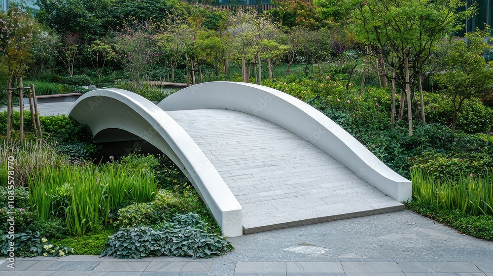 Modern White Curved Pedestrian Bridge in Greenery