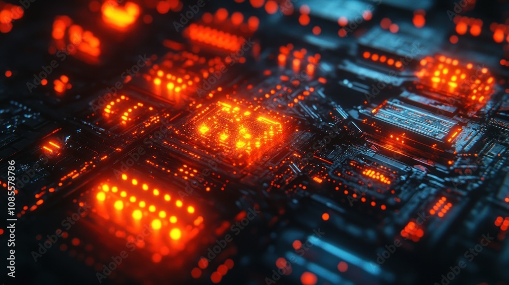 Abstract digital circuit with glowing elements. Abstract digital circuit with glowing elements.