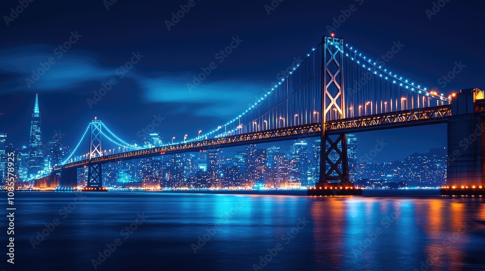 Illuminated Modern Suspension Bridge at Night Illuminated Modern Suspension Bridge at Night
