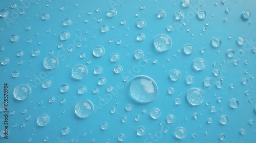 Water droplets glistening on a vibrant blue surface, droplets