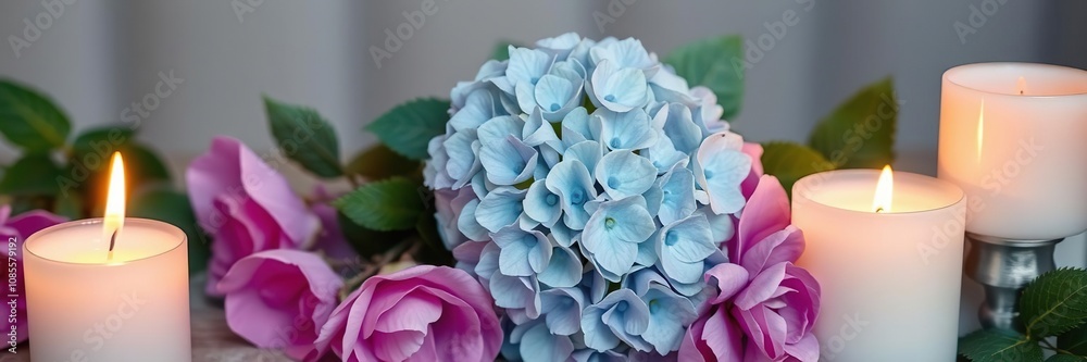 Romantic decoration with candle and hydrangea blooms, romantic Romantic decoration with candle and hydrangea blooms, romantic