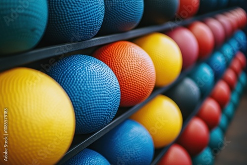 Colorful dodgeballs arranged on a rack.