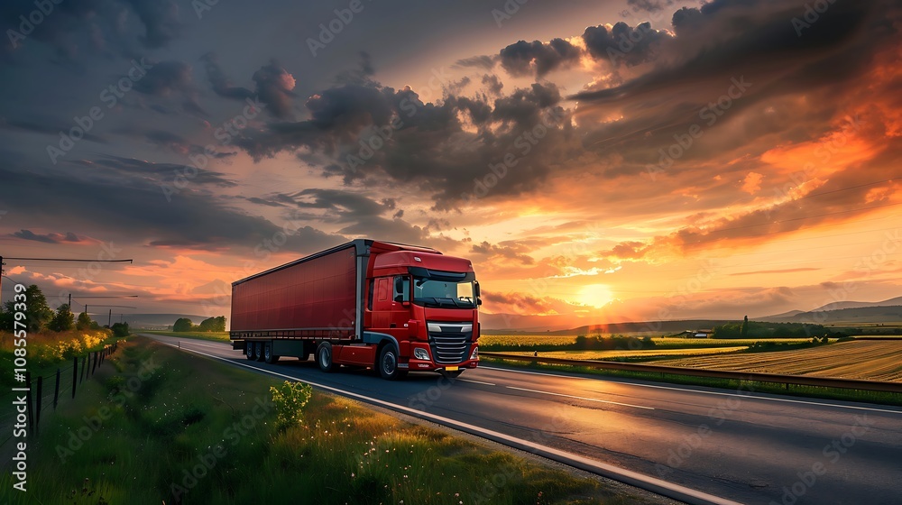 A red truck driving on a scenic road during sunset with vibrant clouds. A red truck driving on a scenic road during sunset with vibrant clouds.