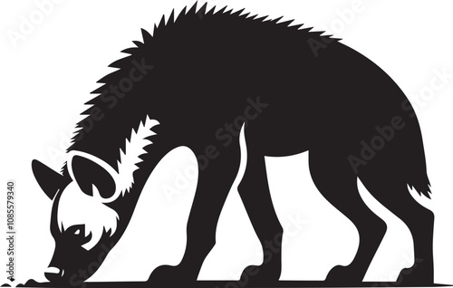 A hyena with its nose to the ground sniffing vector silhouette design