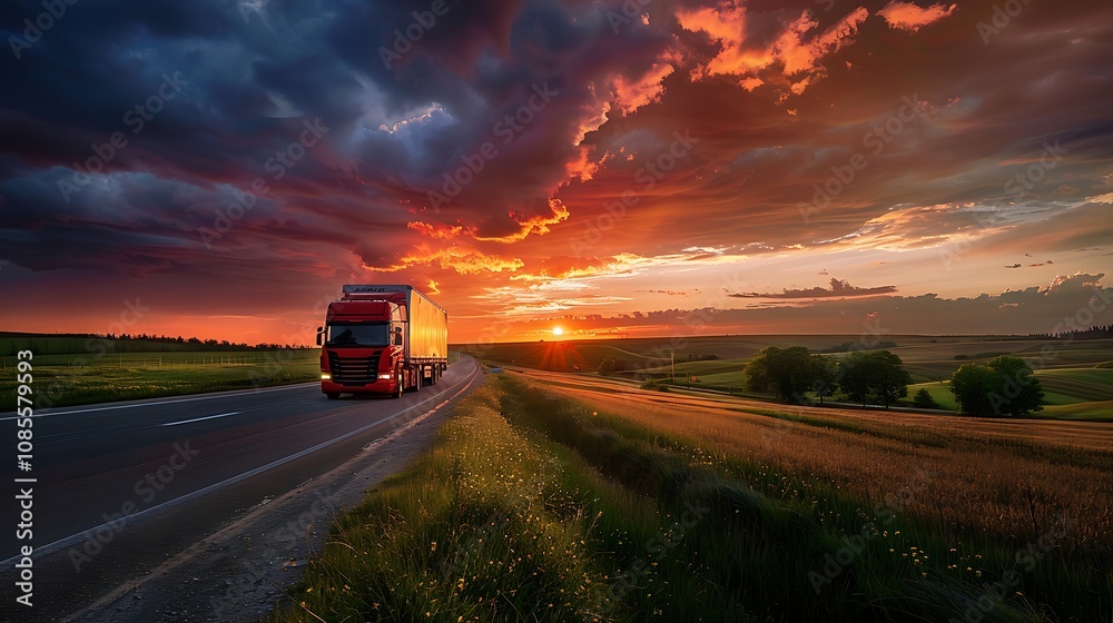 Fototapeta premium A truck driving along a road at sunset, surrounded by fields and dramatic clouds.