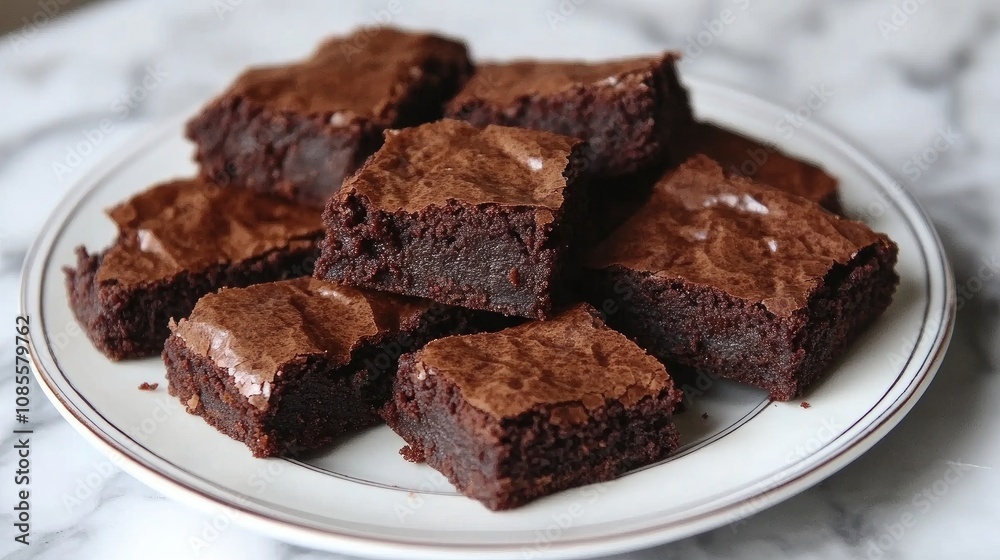 Delicious homemade brownies arranged neatly on a white plate, showcasing their rich chocolate color and fudgy texture, perfect for dessert lovers seeking a sweet treat. Delicious homemade brownies arranged neatly on a white plate, showcasing their rich chocolate color and fudgy texture, perfect for dessert lovers seeking a sweet treat.