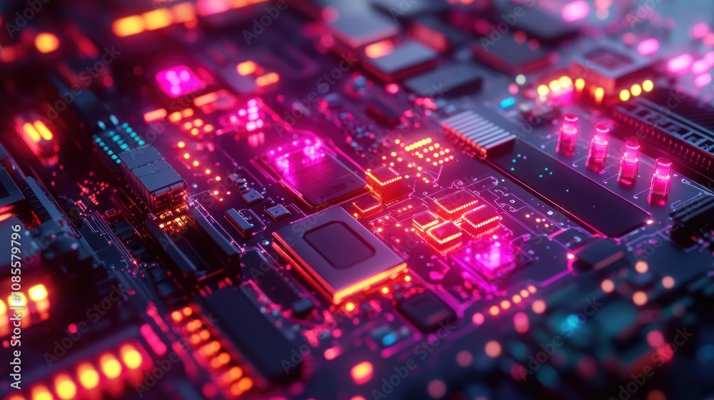 Colorful circuit board with glowing components. Colorful circuit board with glowing components.