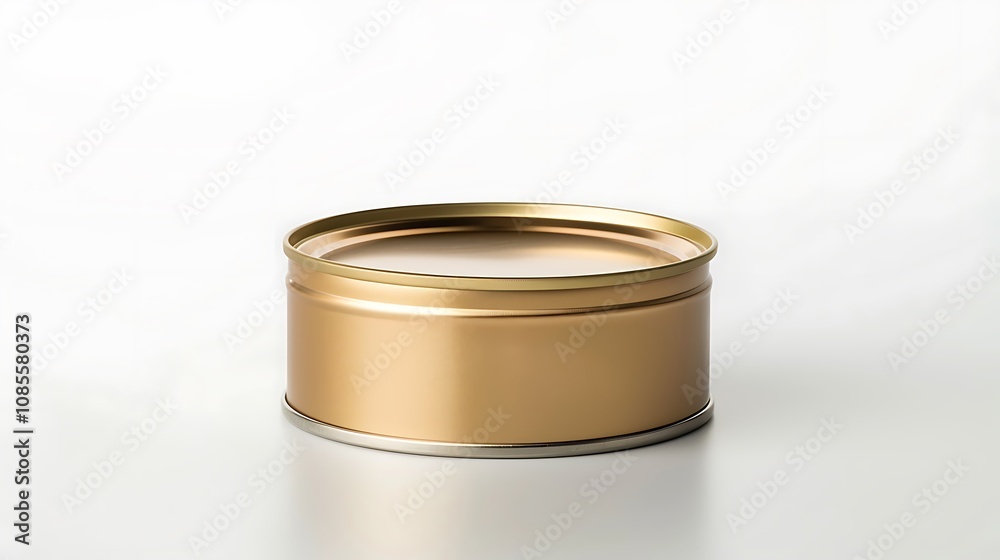 A simple, round, metallic tin can with a gold finish, suitable for storage or packaging. A simple, round, metallic tin can with a gold finish, suitable for storage or packaging.
