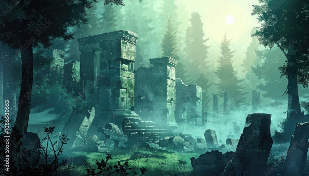 Obraz premium Ancient Stone Ruins in a Foggy Forest