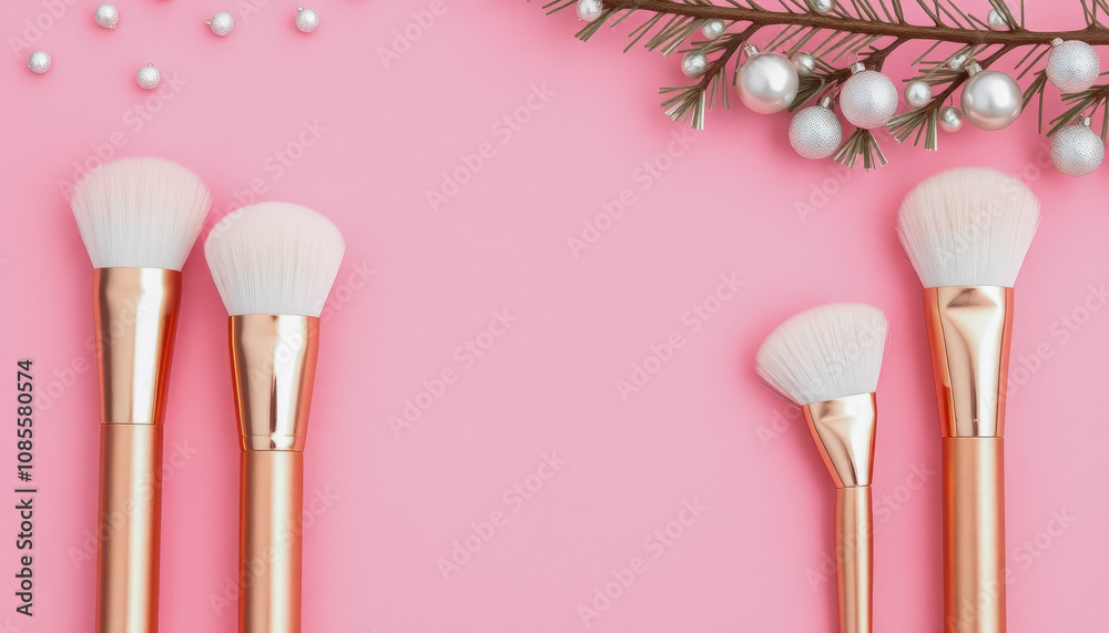 Colorful Makeup Brushes on Sparkling Pink Background. Colorful Makeup Brushes on Sparkling Pink Background.