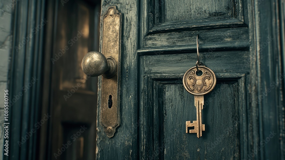 Antique Key Hanging on a Dark Wooden Door Antique Key Hanging on a Dark Wooden Door
