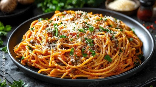 Deliciously Prepared Spaghetti Pasta with Tomato Sauce, Fresh Herbs, Grated Cheese, and a Touch of Olive Oil for a Perfect Italian Meal Experience