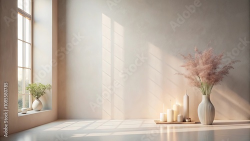 Minimalist Interior Design with Sunlight Streaming Through a Window and a Vase of Dried Pampas Grass