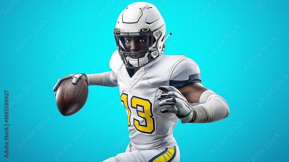 Dynamic action shot of american football player in motion on blue background Dynamic action shot of american football player in motion on blue background