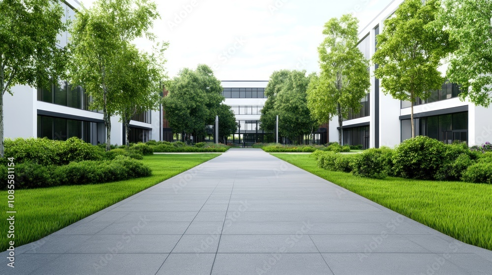 Modern architectural courtyard with greenery and paved walkway. Modern architectural courtyard with greenery and paved walkway.