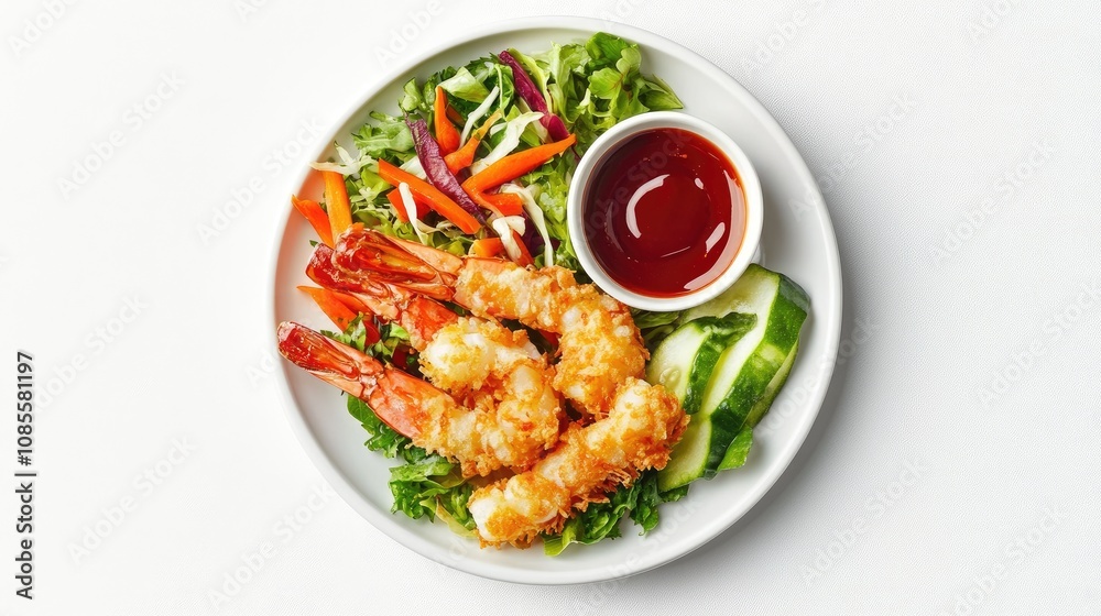 Crispy fried shrimp served on a white plate with fresh salad, vibrant vegetables, dipping sauce, and garnishes creating a colorful culinary presentation Crispy fried shrimp served on a white plate with fresh salad, vibrant vegetables, dipping sauce, and garnishes creating a colorful culinary presentation