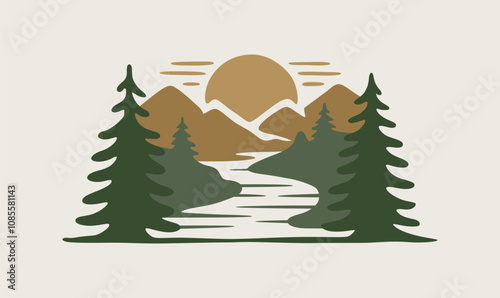 Beautiful mountains waterfall and sun with river outdoor vector t-shirt design, travel and adventure forest scene with pine tree photo