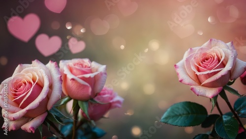 Valentine's day background with pink roses and heart shapes. Copy space