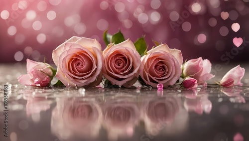 Valentine's day background with pink roses and heart shapes. Copy space