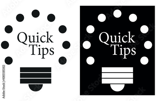  Quick tips, useful tricks, tooltip, tip for website. Colorful banner with useful information. Vector icon of solution, advice. Black speech bubble with yellow text on background with halftone effect,