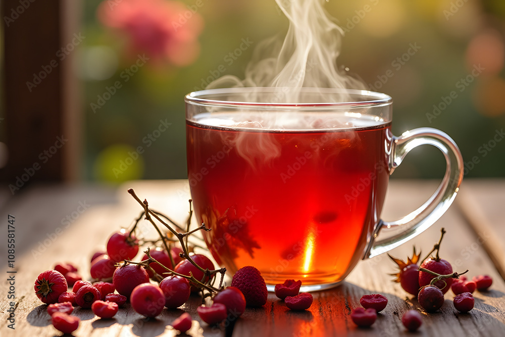 Steaming herbal tea with fresh berries on a rustic wooden table in sunlight Steaming herbal tea with fresh berries on a rustic wooden table in sunlight