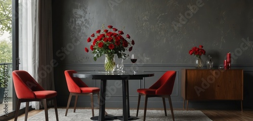 Valentine's Day interior decor flowers in vase  red wine in glasses