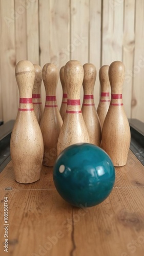 Wooden bowling pins and a ball on a vintage wooden lane, vintage, recreation