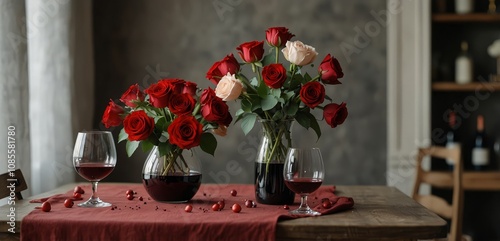 Valentine's Day interior decor flowers in vase  red wine in glasses