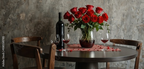 Valentine's Day interior decor flowers in vase  red wine in glasses