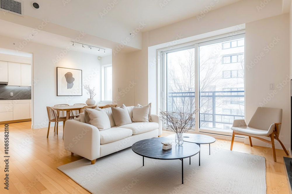 Fototapeta premium Living room with a white couch, a coffee table, and a chair. A vase with flowers is on the coffee table