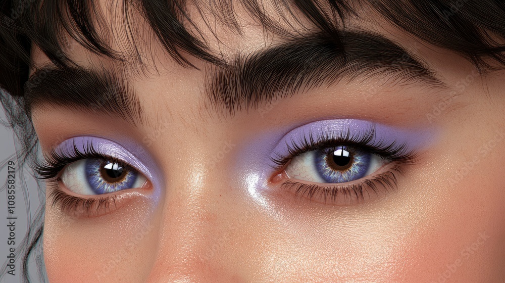 Fototapeta premium Close-up of a Woman's Eye with Lavender Eyeshadow and Blue Contact Lenses