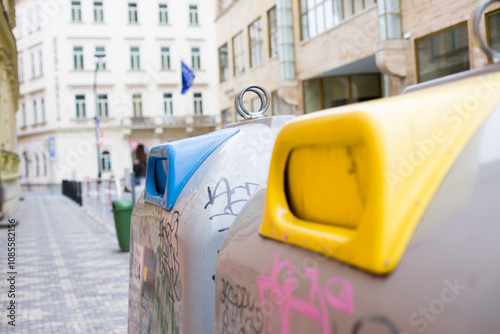 Prague, Czech republic - November 17, 2024: Trash Bins With Graffiti in Prague Street Scene  photo