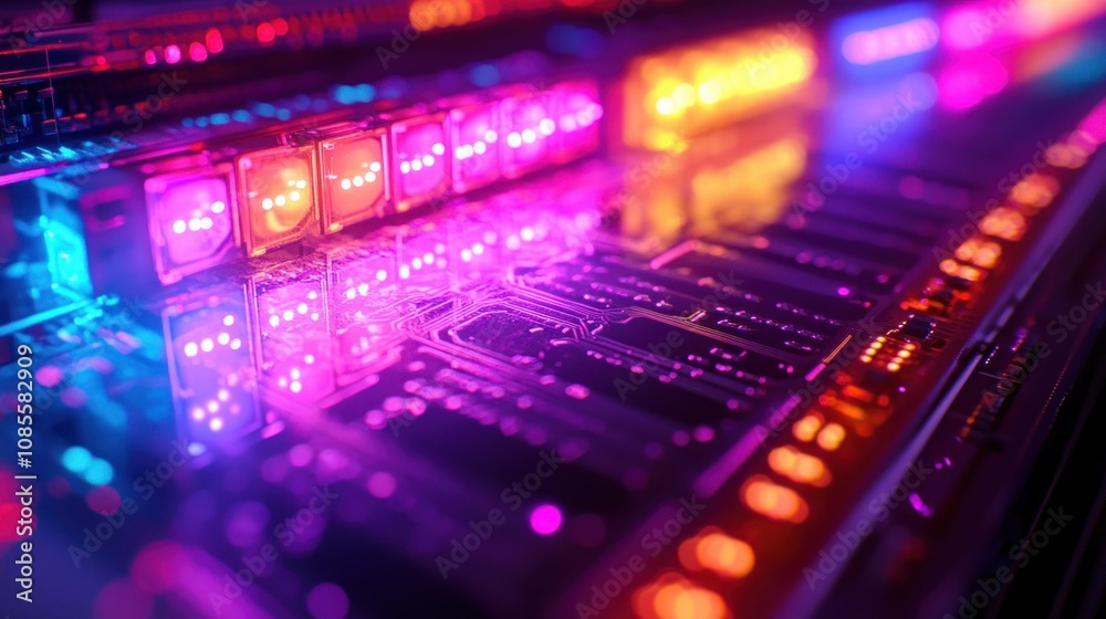Obraz premium Colorful electronic circuit board with glowing lights.