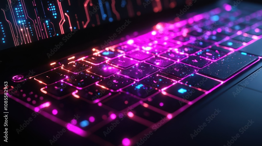 Obraz premium Vibrant keyboard with digital circuit background.