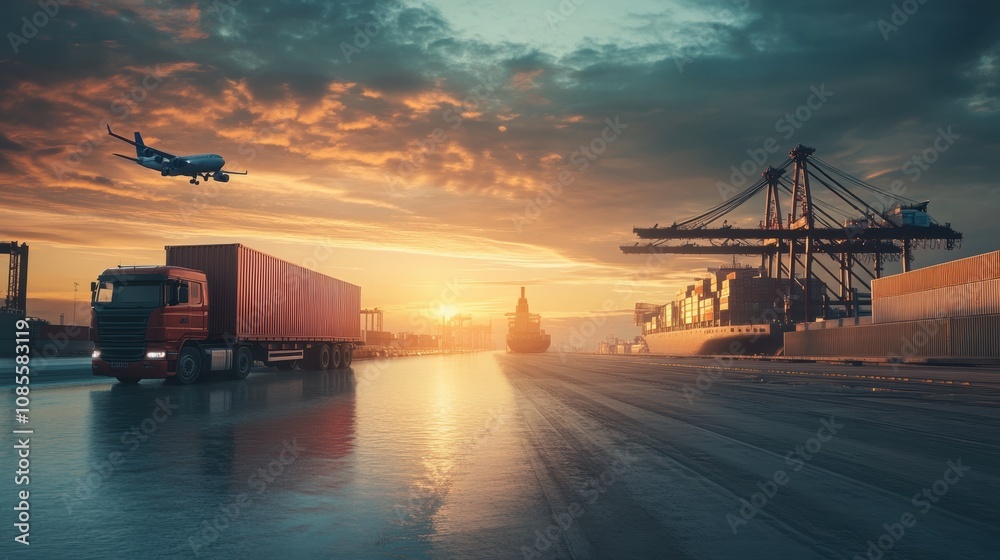 Container truck in ship port for business Logistics and transportation of Container Cargo ship and Cargo plane with working crane bridge in shipyard at sunrise, logistic import export and transport Container truck in ship port for business Logistics and transportation of Container Cargo ship and Cargo plane with working crane bridge in shipyard at sunrise, logistic import export and transport
